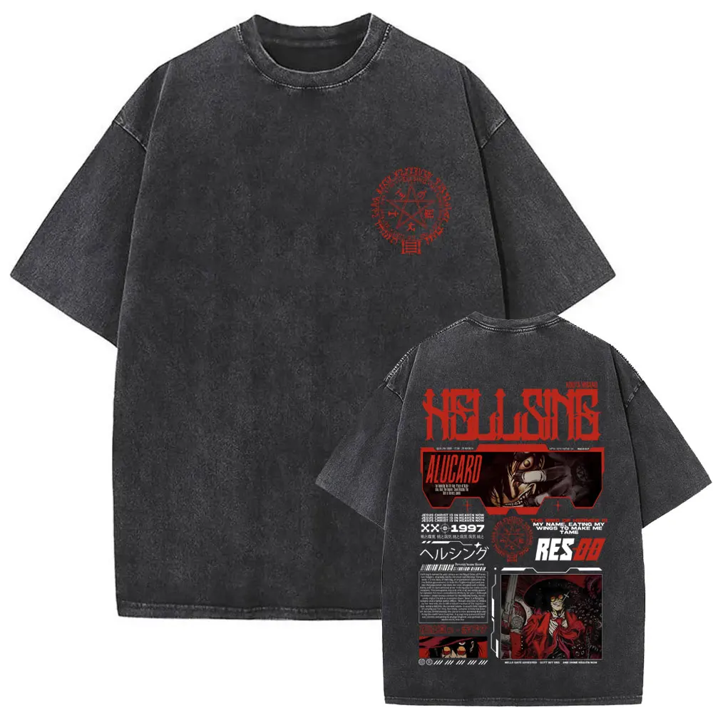 Washed Vintage Anime Hellsing Abraham Van Helsing Vampire Alucard Double Sided Print T-shirts Men's 90s Manga Oversized T Shirts - view 2
