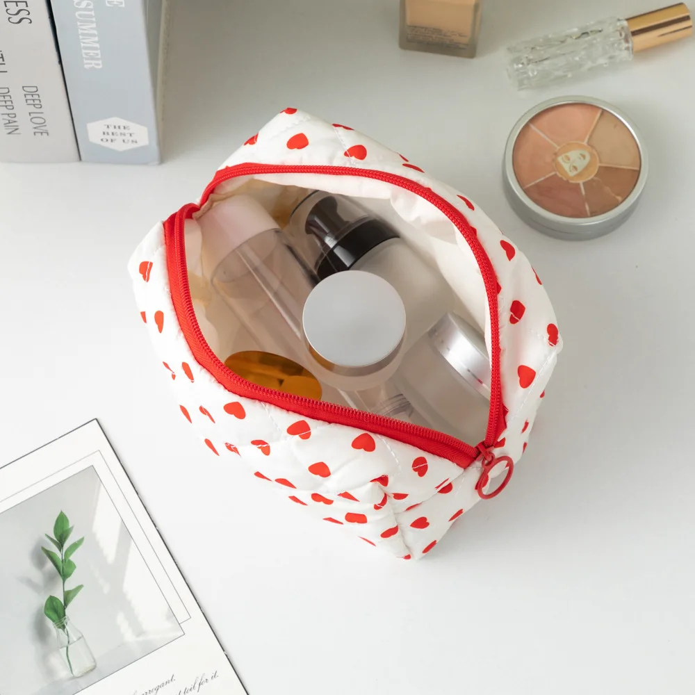 Cute Heart Pattern Makeup Brush Bag,Cotton Drawstring Cosmetic Pouch for Women, Travel Toiletry Storage Organizer Gift view 5