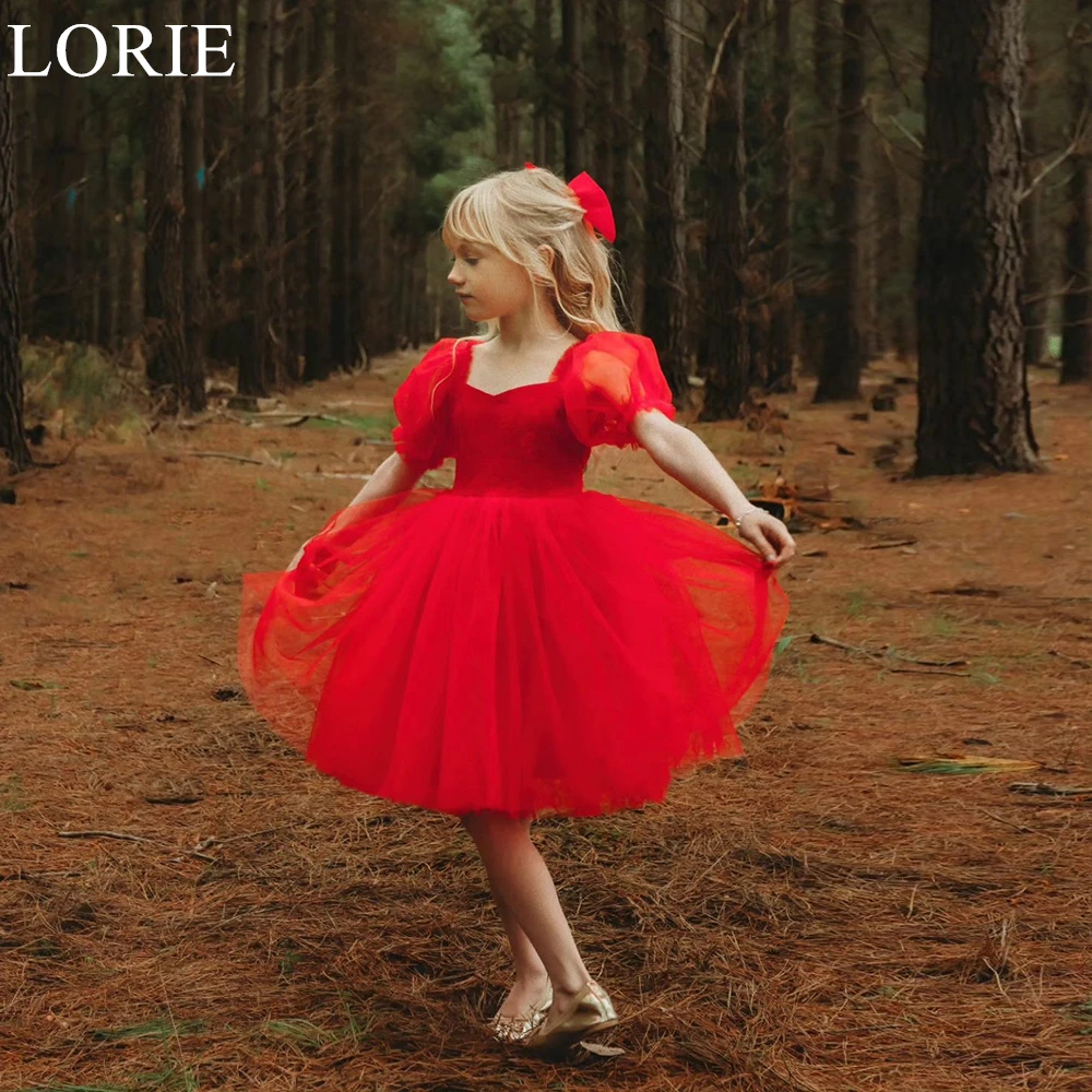 LORIE Red Cute Tulle Flower Girl Dresses Appliques Puff Sleeves A-Line Pleated V-Neck 2024 Birthday Party Mini Dress Customized