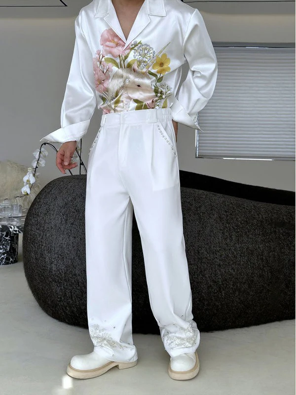 

TANGZ STUDIO Original Design Embroidered Pearl Rhinestone Sequin Men's Casual Straight Leg Long Trousers Faionable Wide Leg...