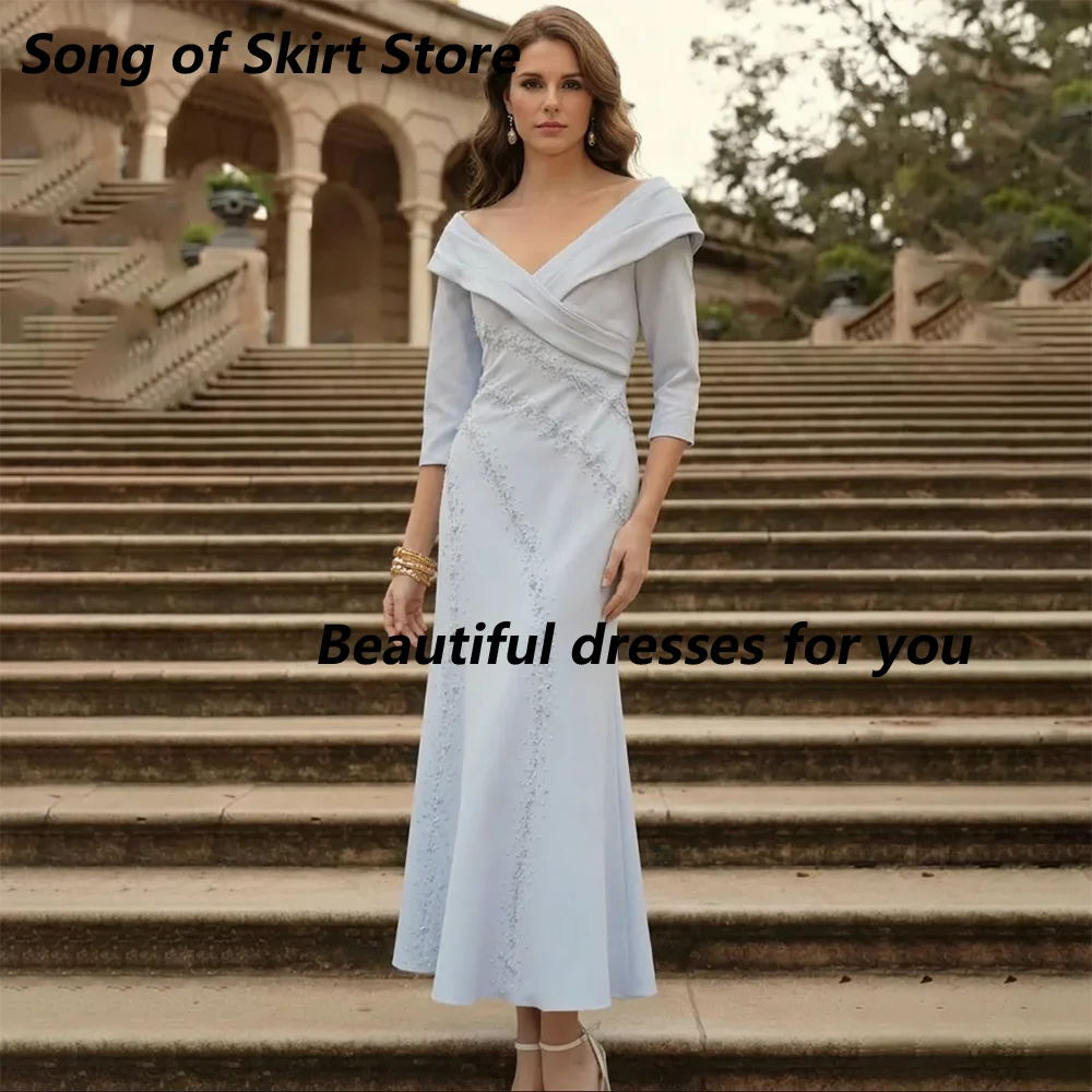 

Pale Blue Mother of The Bride Dress Customized V-Neck Half-Sleeves Pleated Ankle-Length Mermaid Wedding Guest Dresses