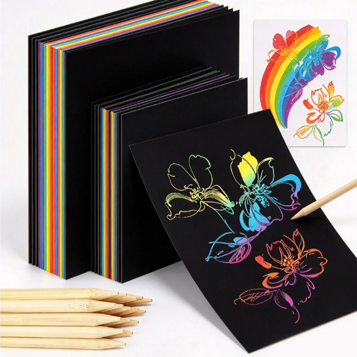 10/20/40Pcs 16K/32K Magic Scratch Paper Assortment With Bamboo Pens Rainbow Craft Sheets For Birthday Holiday Halloween ZSY