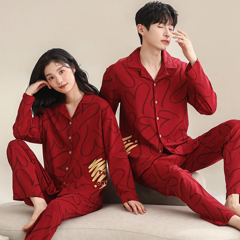 New Autumn Couple Plus Size Long Sleeve Cotton Pajama Sets for Women Red Wedding Celebration Sleepwear Men Homewear Home Clothes