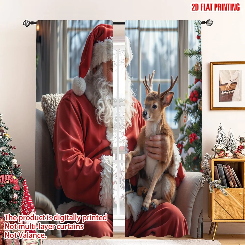 

2pcs 2D flat printing Christmas Window Drapes Santa holding fawn indoors Polyester Without Electricity Party Decorations Use for