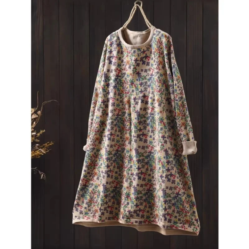 Abito primaverile in maglia di lana con stampa floreale retrò 2026 - Abito a trapezio di media lunghezza da donna (w1908)