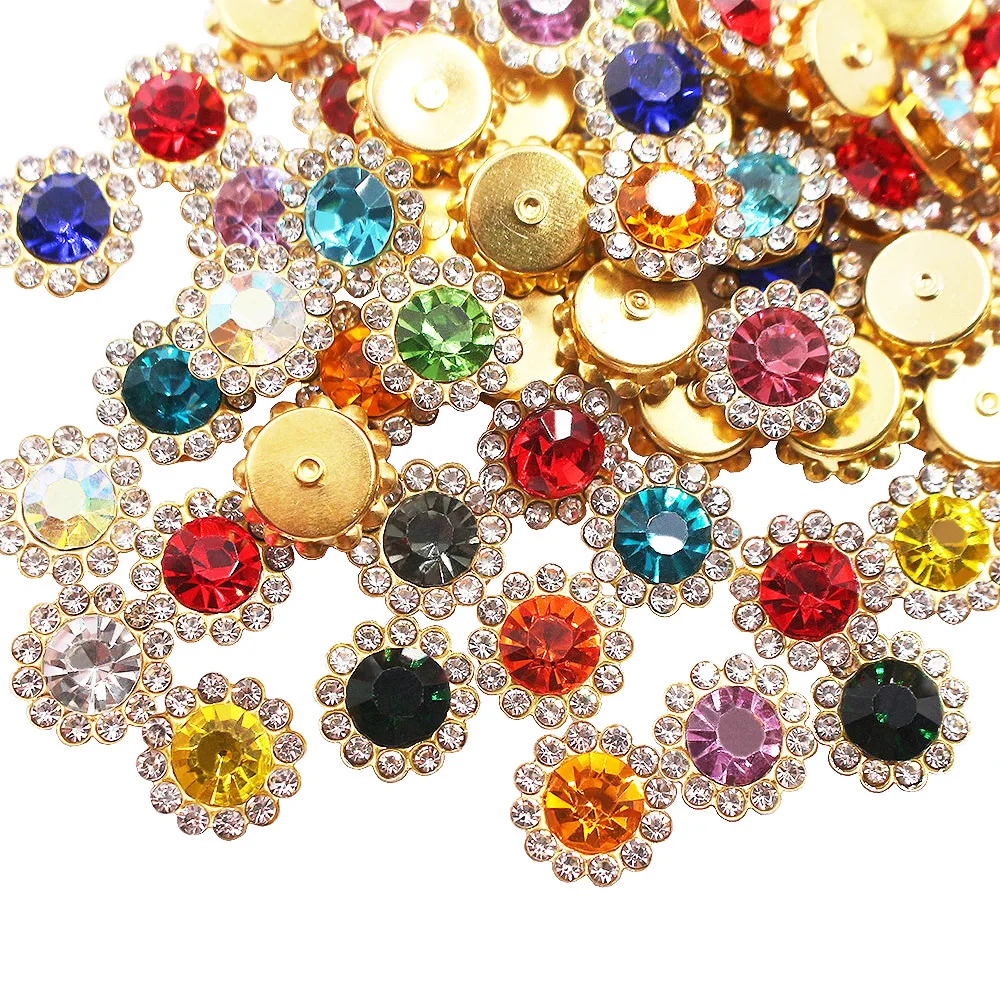 Ouro Sun Flower Claw Strass, Cristais Glitter, Strass Pedras Beads, Trim Sew-On Strass para roupas, bolsa, 30-100pcs