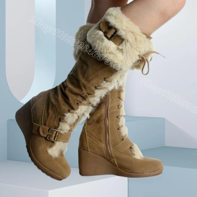 

Brown Fur Flock Lace up Boots Splicing British Style Design Women Summer Fashion Casual Lace up Boots 2025 Zapatos Para Mujere