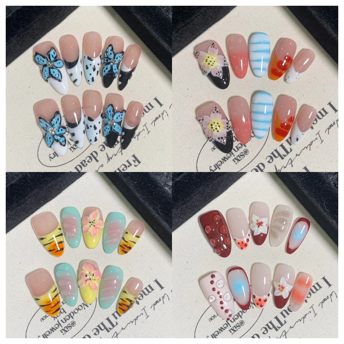 

10pcs Devil Flower Handmade Fake Nails 3D Carving Flower Designs Press On Nails French Wearable Almond False Nail For Cool Girls