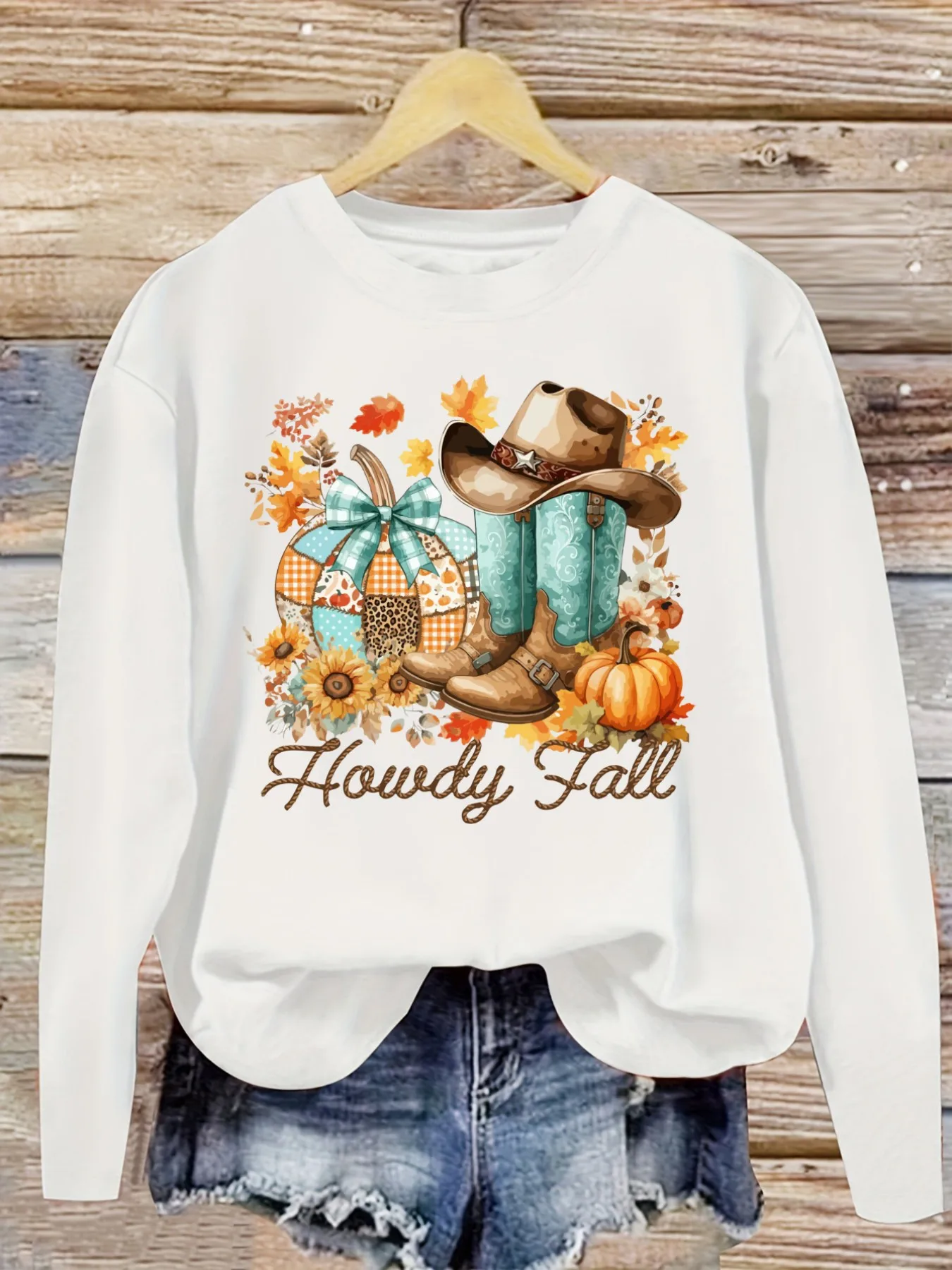 Women's Casual Long Sleeve Crew Neck T-Shirt Howdy Fall Cowboy Boots Pumpkins Design, Round Neck Women's Clothing, Machine Washable, Slightly Elastic, Loose Fit, Spring Autumn Winter Women's T-Shirt, Halloween Costume Outfit view 5