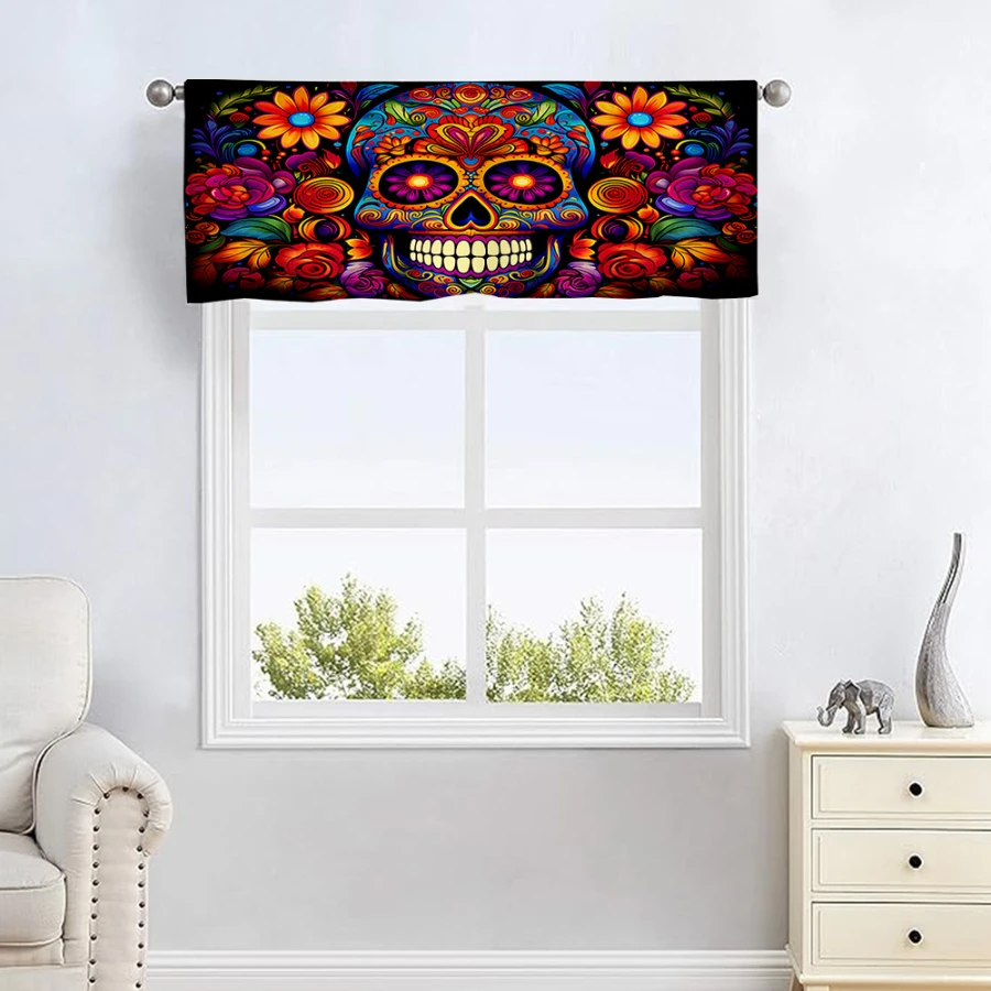 Colorful Sugar Skull Halloween Kitchen Curtains with Floral Pattern, Day of the Dead Mexican Gothic Spooky Style