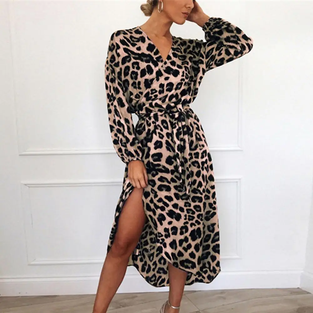 Women Leopard Print Dress Leopard Print V Neck Spring Dress with Lace-up Waist Elegant Midi Length for Women Soft Comfortable