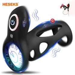 HESEKS Vibrating Penis Ring Cock Sleeve Penis Vibrator Extender Enlarge Cock Cage Delay Ejaculation Erection Sex Toys for Men 18