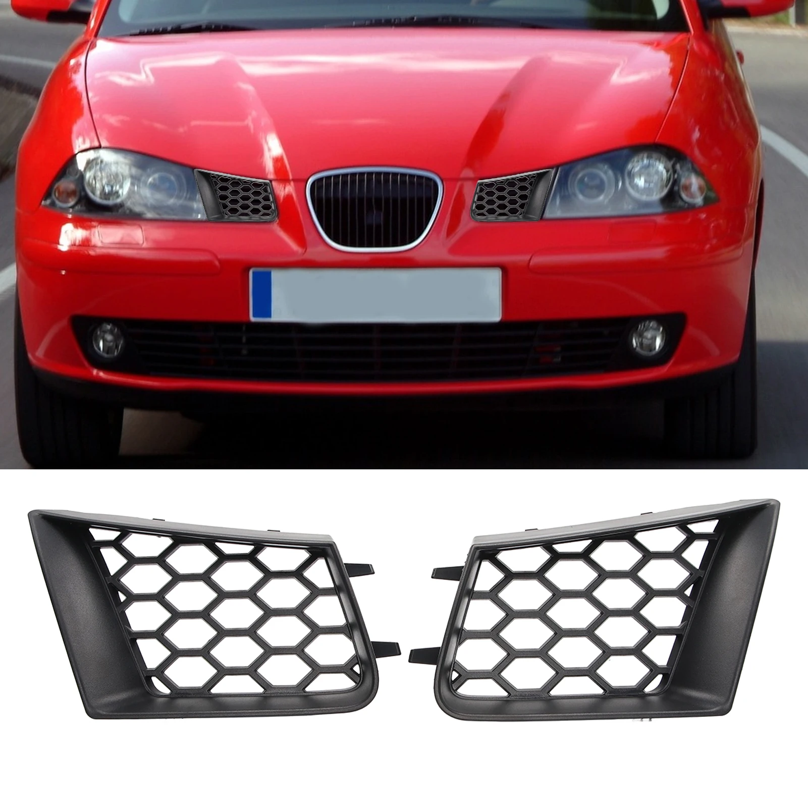 2pcs Front Bumper Upper Grill Left Right Matte Black Replacement For Seat Ibiza Cordoba 6L 2002‑2009