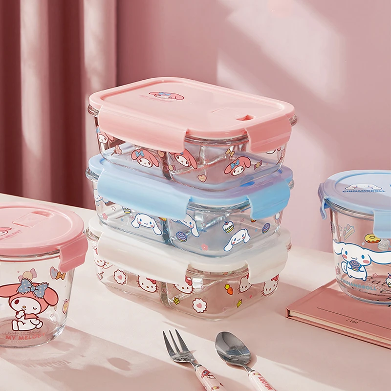 Hello Kitty Lunch Box Sanrio Anime Glass Fresh Bowl Kawaii My Melody Divider Bento Box with Cover High Capacity Tableware Gift