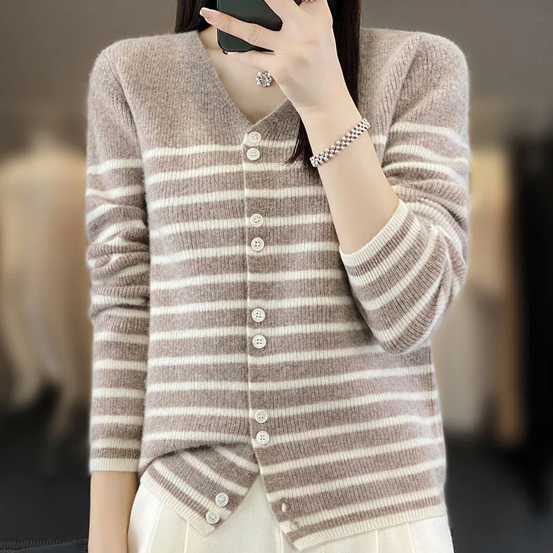 Autumn Winter New 100% Wool Cashmere Sweater Women's V-neck Strip Thickening Knitted Cardigan Female Casual Long-sleeved Top