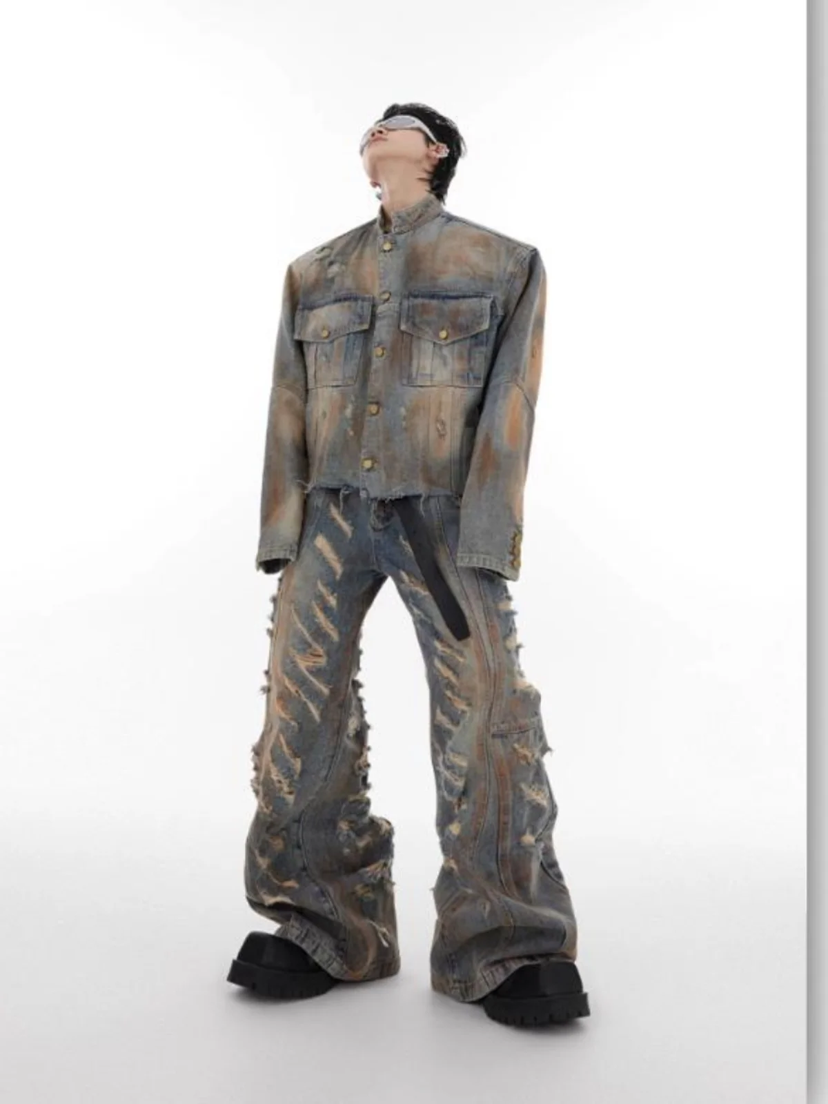 

Retro Distred Flared Jeans Men's Heavyweight Jaet Denim Coat Two-Piece Set Youthful Trendy Long Pants Straight Leg Jeans