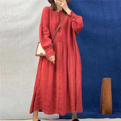 Johnature New Linen Women Embroidery Loose Dresses 2024 Autumn Vintage O-neck Full Sleeve Button Solid Color Female Dress