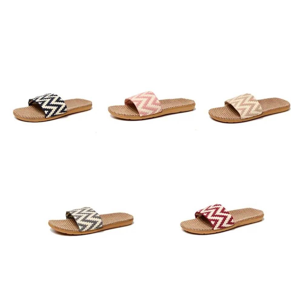 Ethnic Style Linen Stripe Slippers Soft Non-Slip Flax Slides Sandals Shoes Sweat Absorption Patchwork Flat Slippers Summer