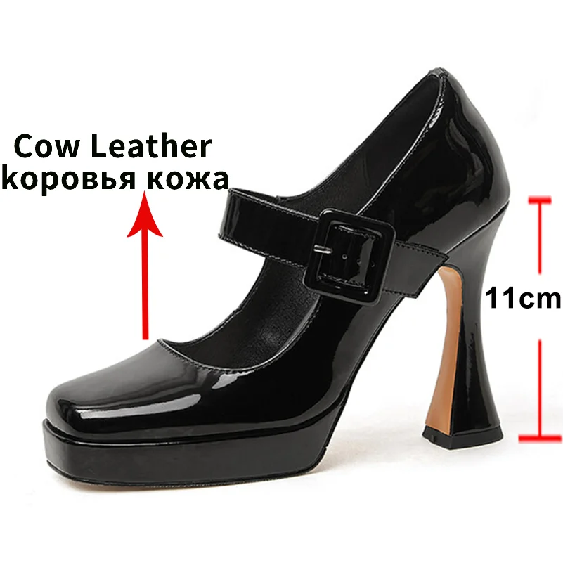 ANNYMOLI Women Genuine Leather Pumps Platform Spike Heels Square Toe Mary Janes Belt Buckle Party Fashion Spring Autumn Shoes