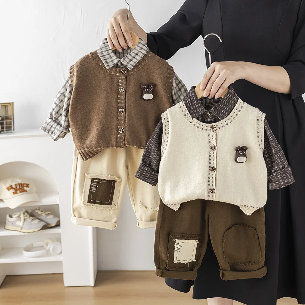 ‌2026 Autumn Boys' Knitted Vest Set 3-Piece Outfit Long Sleeve Shirts Layering Essential Soft Cotton Toddler Kids Clothes Casual