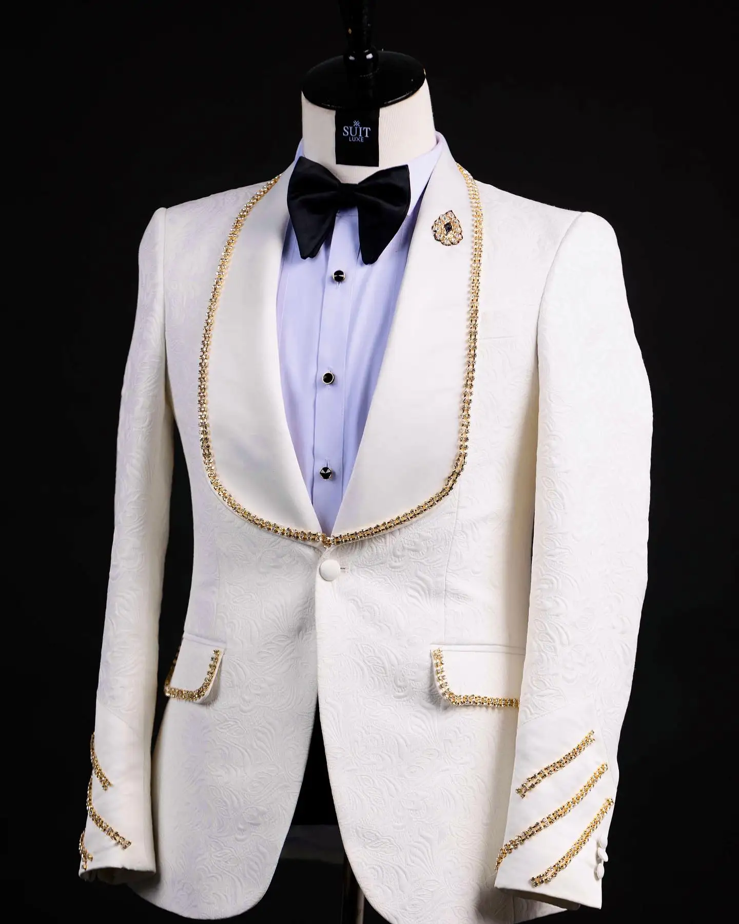 White Jacquard Men Suits Set 2 Pcs Crystals Blazer+Black Pant Trousers Wedding Tuxedo Formal Office Groom Prom Jacket Coat