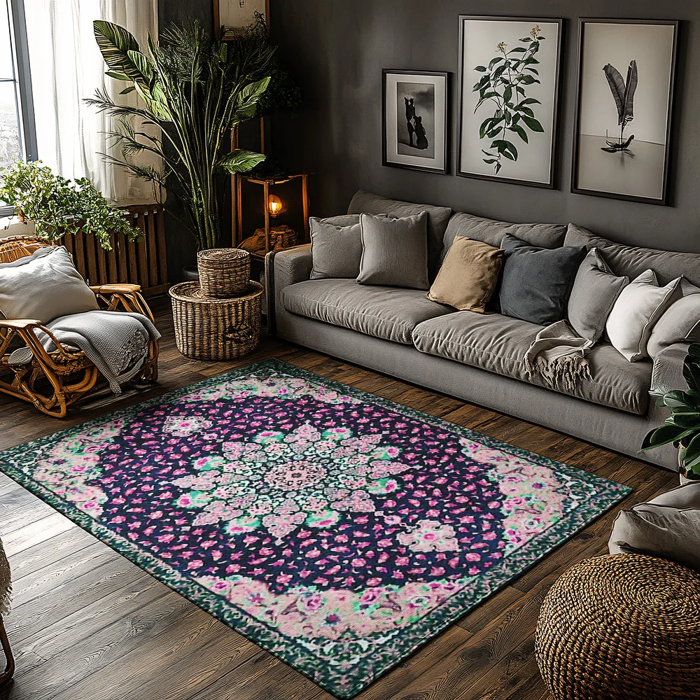 

Floral Area Rug Washable Non Slip Living Room Carpet Persian Pattern Home Decor Modern Abstract Design Bedroom Floor Mat Vintage