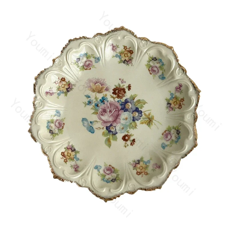 Vintage French Style Dining Plate Colorful Flower Ceramic Plates Elegant Afternoon Tea Dessert Flat Dishes Household Tableware