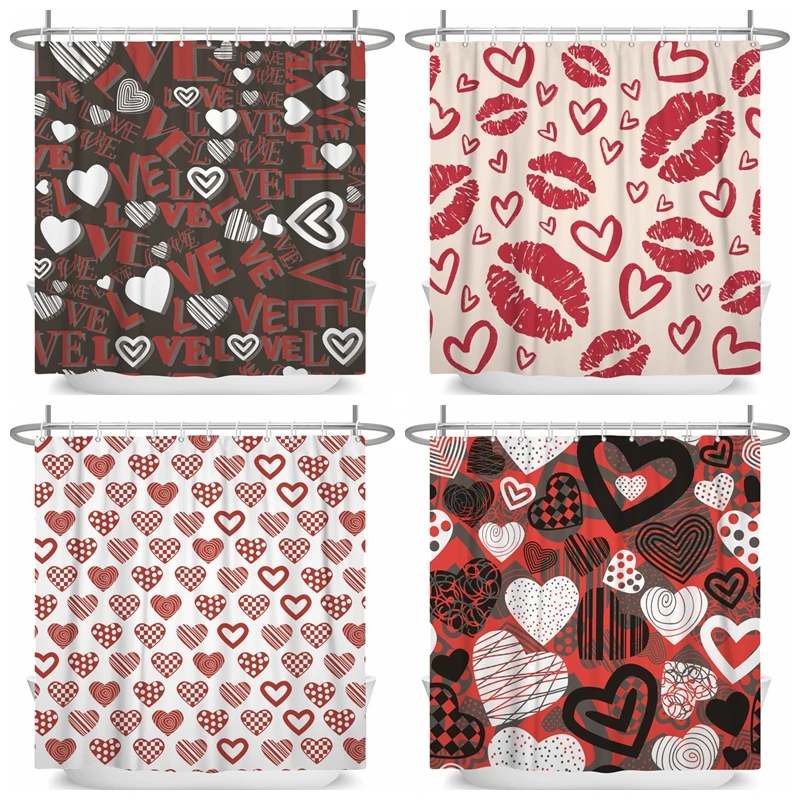 

Love Heart Pattern Shower Curtain Romantic Red Pink Black Waterproof Polyester Fabric Bathroom Curtains Decor With Hooks