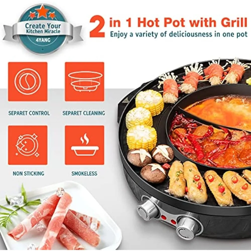 Hot Pot with Grill, 2000W 2 in 1 Electric Hot Pot Grill Cooker with Dual Temperature Control for 1-8 People