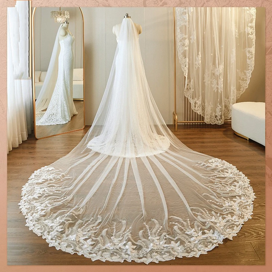 

New Arrival White Ivory Cathedral Wedding Veils Lace Appliques Boda accesorios fiesta Bride velo de novias Bridal Veil