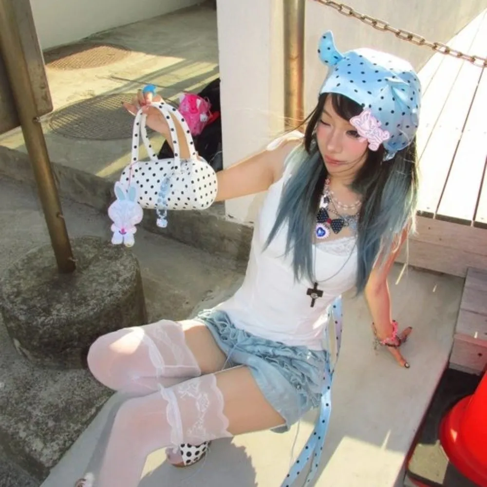 

Модный шарф-повязка для волос в стиле Y2K «Маленький дьявол» с ушками, мягкая повязка на голову, повязка для волос в стиле хип-хоп с узором в горошек, уличный стиль