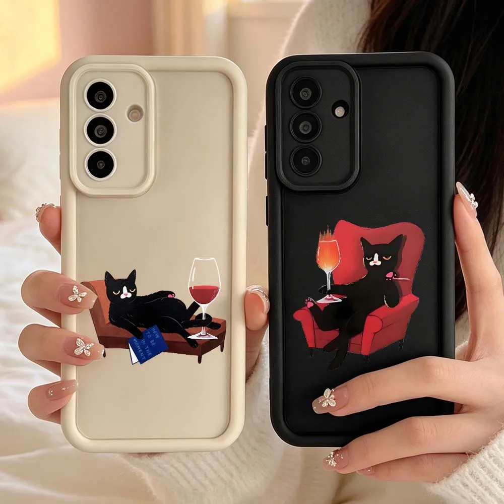 Cartoon Black Cat Cover For Samsung Galaxy A06 A07 A15 A16 A17 A25 A26 A35 A36 A55 A56 A57 Eye Ladder Phone Case