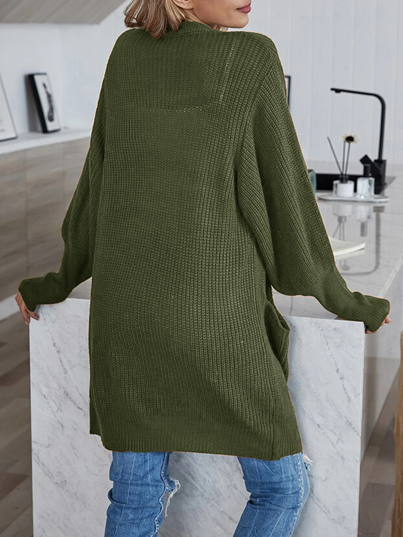 Sweater women\'s coat coarse wool line pocket knitted cardigan commuter style loose medium long coat casual