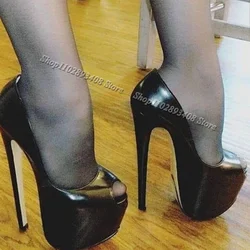 Black Peep Toe Leather Platform Pumps Stiletto Heels Solid British Style Party Dress for Women Shoes 2024 Zapatos Para Mujere