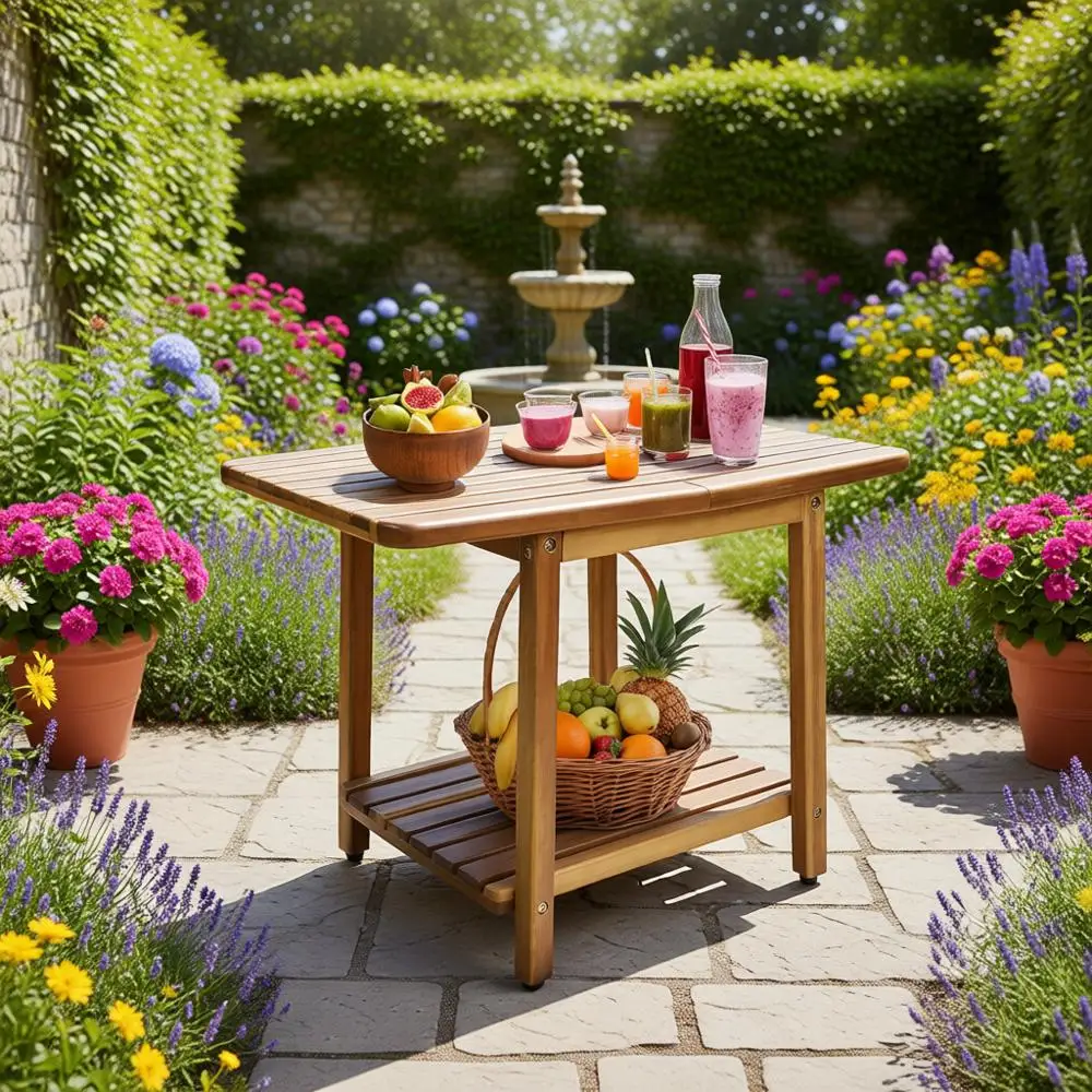 

24 Inch Outdoor 2-Tier Patio Side Table, Weather Resistant, Stable End Table for Porch, Pool, Teak Brown Finish