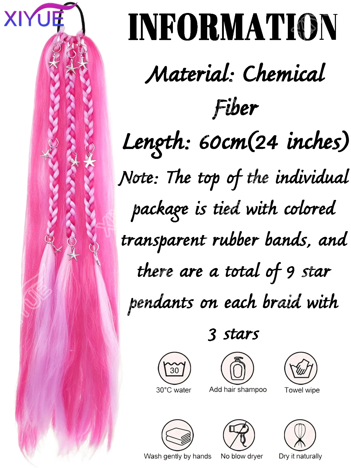 XIYUE Hot Pink Braided Ponytail Extension Elastic Rubber Band Synthetic Ponytail with Star Accessories for Women Festival XY