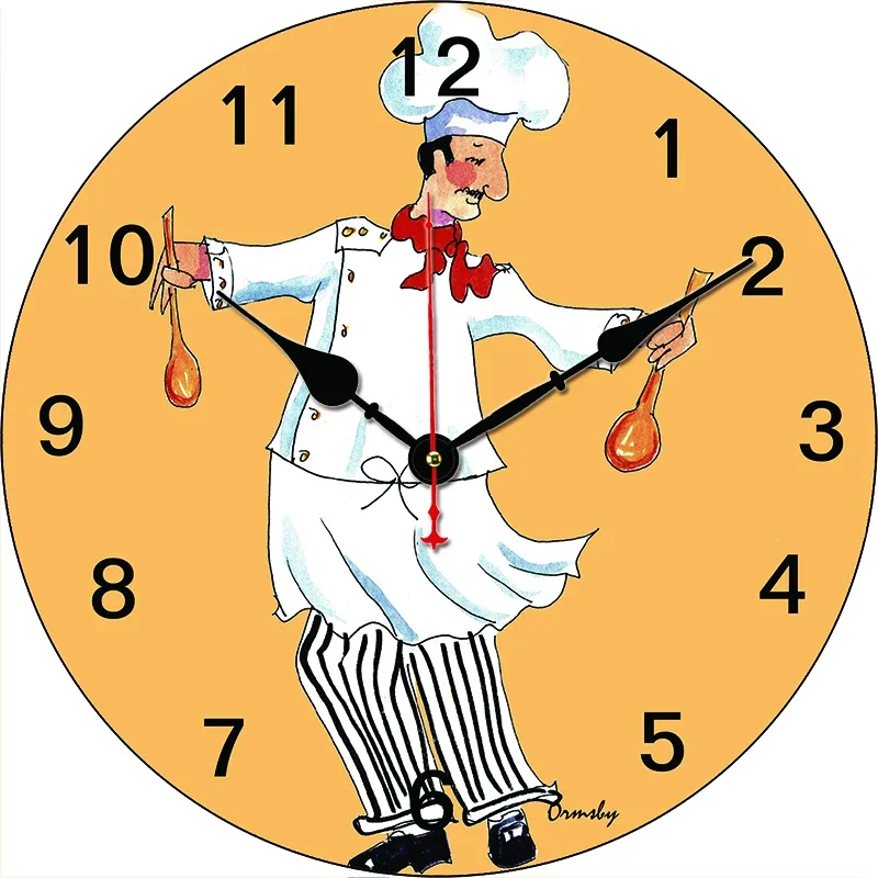 Cartoon Chef Kitchen Round Wall Clock Large Dinning Restaurant Cafe Decorative Wall Clock Silent Non-Ticking Nice For Gift