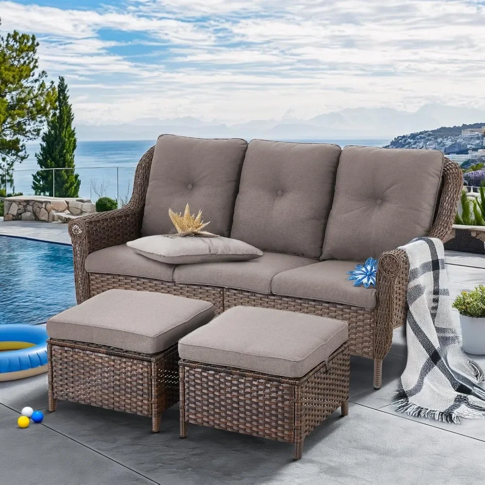 

Patio Wicker Sofa and Ottomans Set, Heavy Duty Outdoor Resin Rattan Lawn Funiture Sofa Sets, Patio Wicker Couch