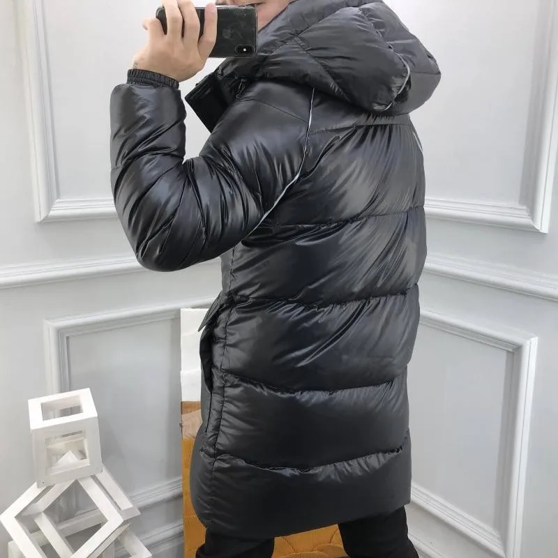 New Winter Mens Thicken Warm Medium Long Hooded Down Coat Stand Collar Zipper Fashion Casual Jacket Male High Street Overcoat