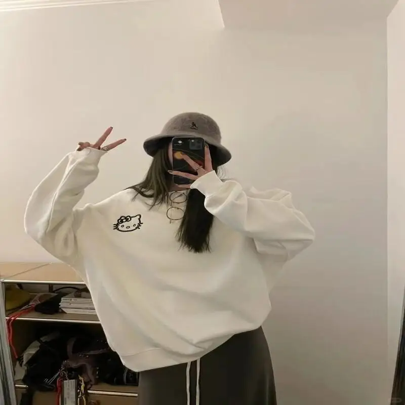 Felpa con cappuccio Sanrio nuova Felpa con cappuccio Hello Kitty stile dolce maniche lunghe larghe colletto tondo ragazza stampa felpa con cappuccio stile primavera e autunno