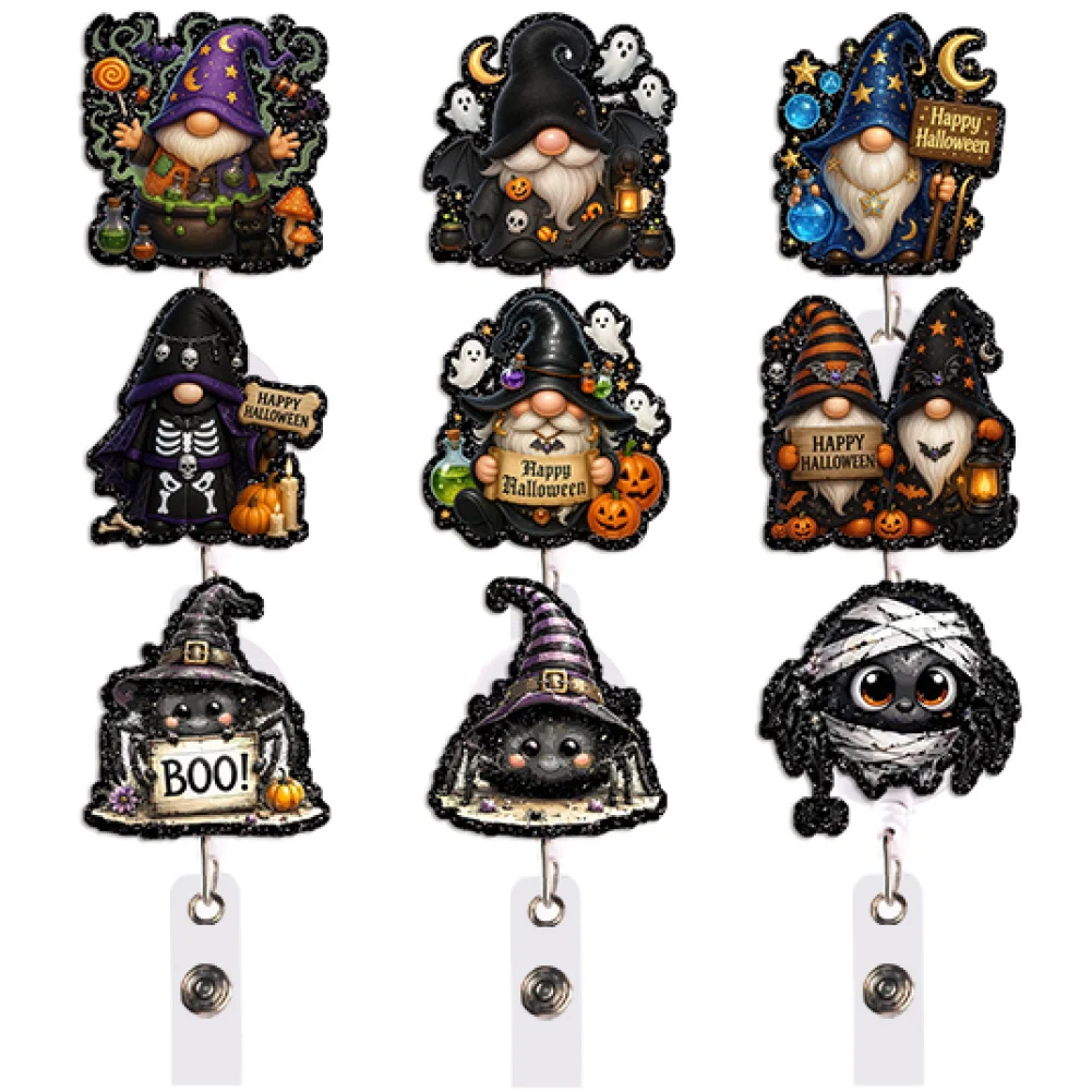 Spooky Halloween Badge Reel Retractable ID Holder Ghost Potion Witch Hat Wavy Edge Gift for Teacher Office Work Party Crew