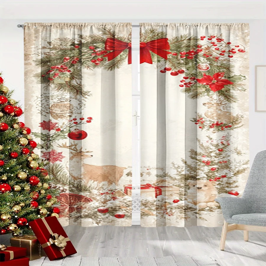2PCS Digital Print Curtain, Rustic Beige Pine Garland with Red Bow, Deer and Puppy, Gifts Dried Orange, for Window Home Decor