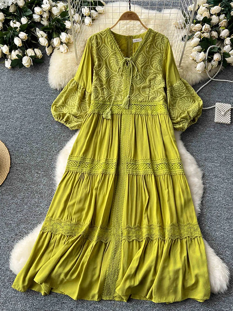 Summer New Retro Lace Patchwork Dress Sweet V-neck Lantern Sleeves Loose A-line Female Length Vacation Beach Dresses