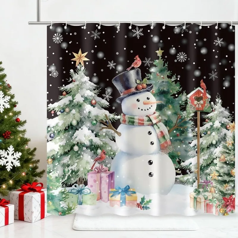 Christmas Bathroom Shower Curtain Set Top Hat Snowman Cedar Red Cardinal Gift Box No Drilling 12 Hooks Holiday Decor