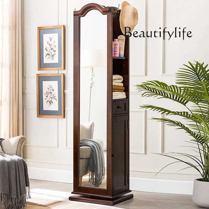 Solid Wood Dressing Mirror Full Body Floor Mirror European Retro Bedroom Vertical Storage Rotating Coat Rack