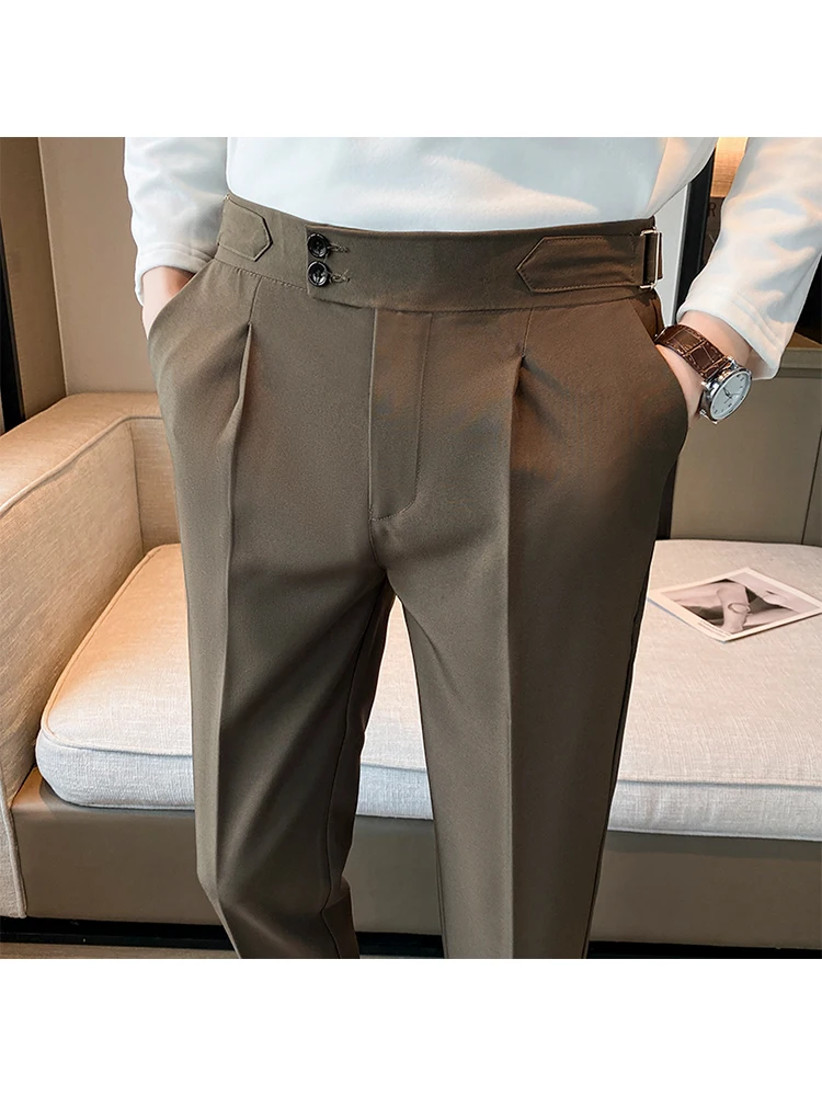 British Retro Men's Naples High Waist Pants Lengthening Spring Autumn Straight Leg Nine Points Suit Casual Fashion City Style