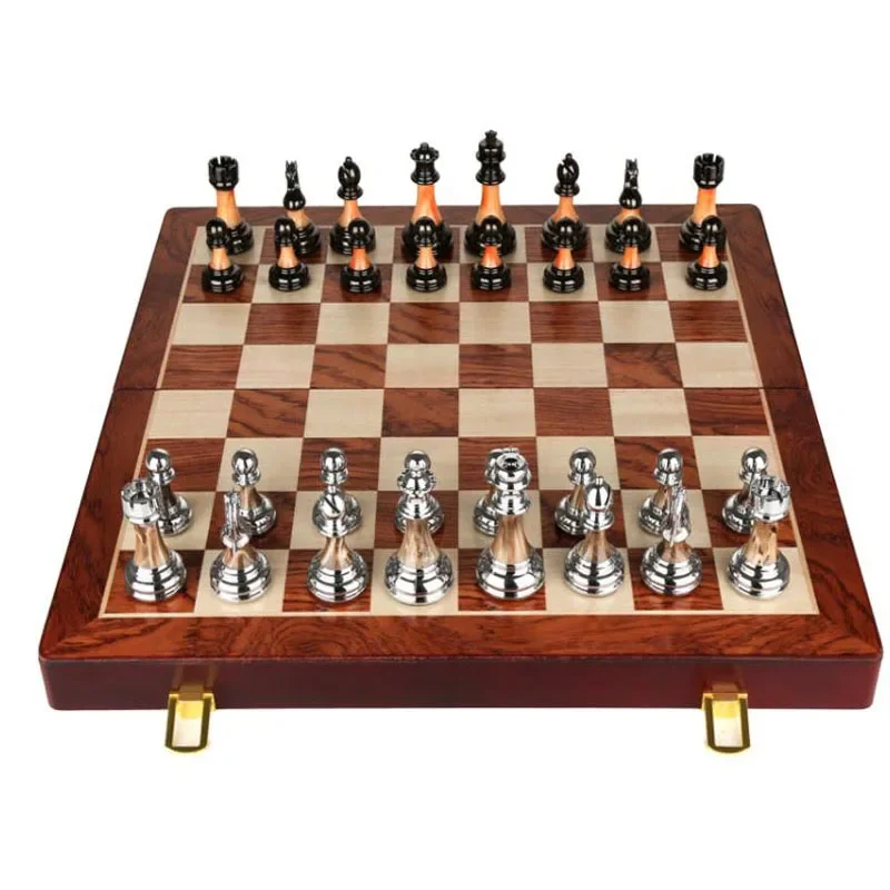 45CM Luxury Metal Chess Figures Wooden Chess Set Professional Folding Family Classic Board Games Chess Home Ornaments Collection