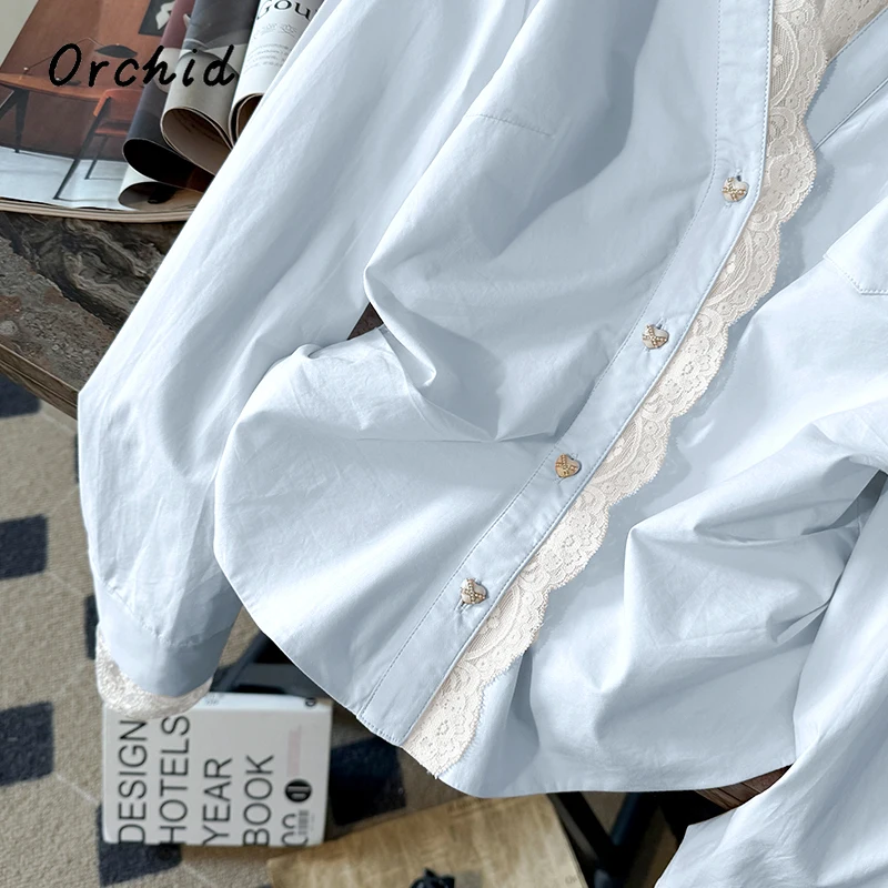 2025 夏の女性のカジュアルギャルファッションレースパッチワークシャツホットスウィートスタイルターンダウン襟長袖エレガントなブラウス