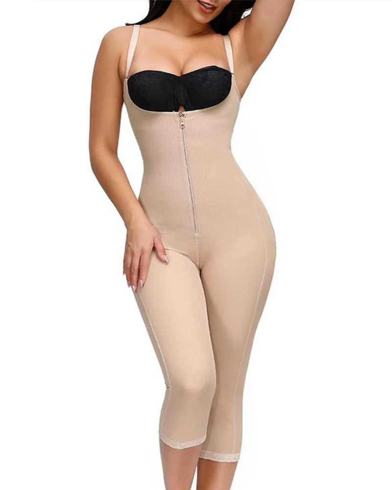 Women\'s Open Bust Tummy Control Shapewear High Bodysuits Thigh Trimmer Medium Length Pants Fajas Slimming Postpartum Girdle