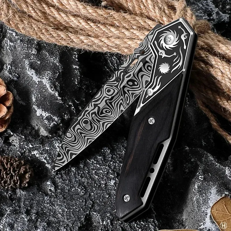 1PC Damascus textured pocket knife, foldable portable knife box type cutting machine, outdoor knife for easy carrying U9195